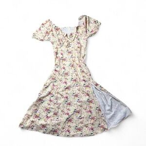 Yellow floral midi dress with puffy sleeves and slit